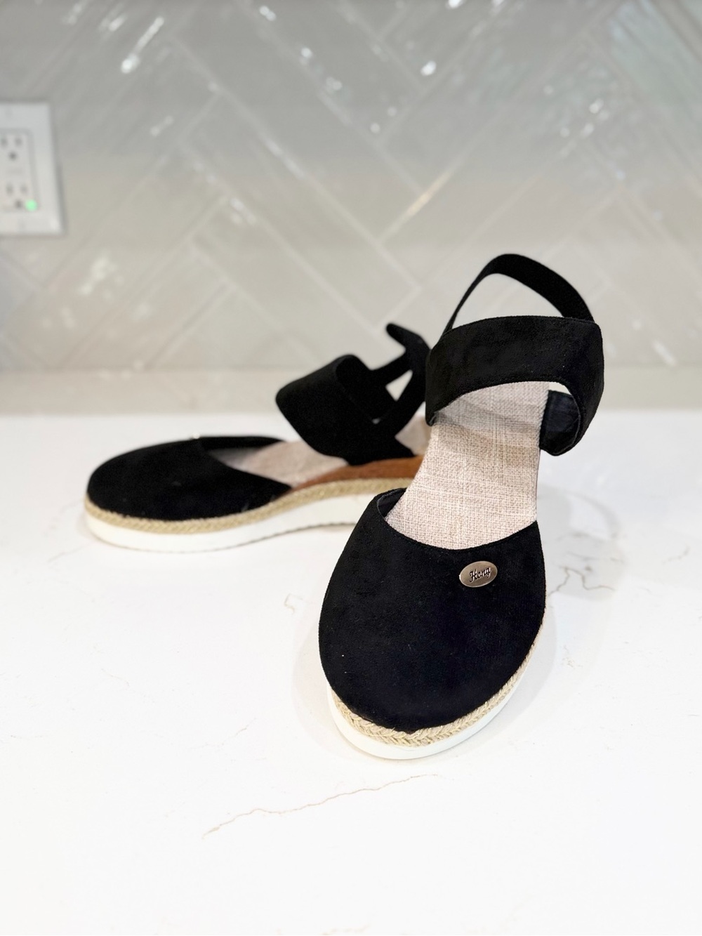 Black Women's Espadrille Elastic Slingback Platform Wedges - Suede Look Boho